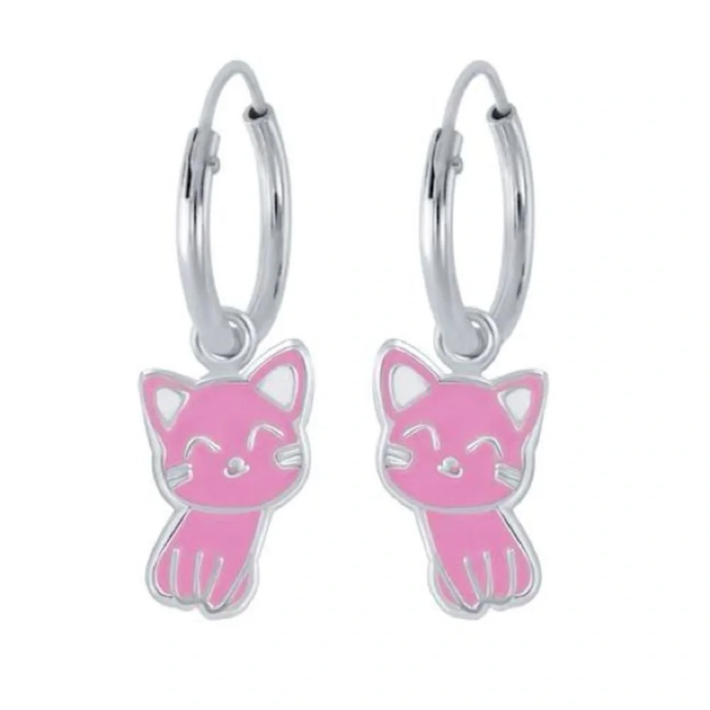 Pink Cat Hoop Earrings for Kids by